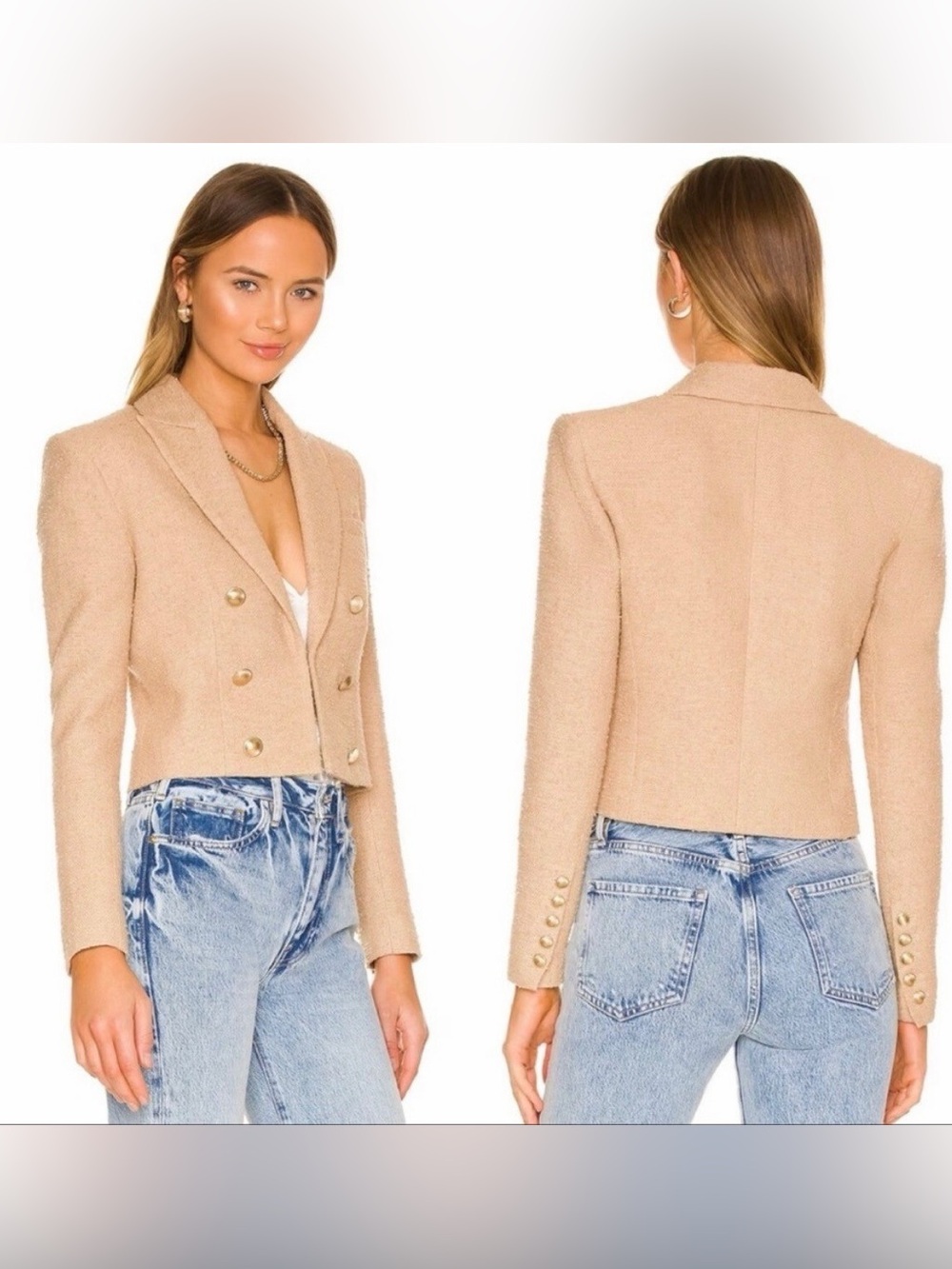 House of Harlow 1960 Cropped Double-Breasted Blazer in Camel